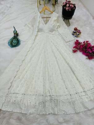 White Embroidered Georgette Fully Stitched Gown With Dupatta
