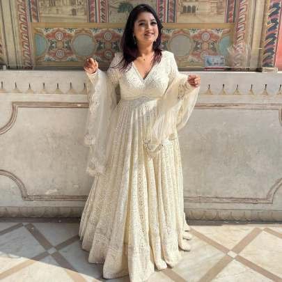 White Embroidered Georgette Fully Stitched Gown With Dupatta