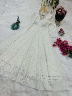 White Embroidered Georgette Fully Stitched Gown With Dupatta
