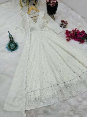 White Embroidered Georgette Fully Stitched Gown With Dupatta