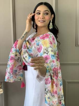 Designer White Kurti Pant Dupatta Set With Attractive Neck Work