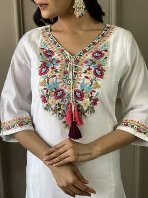 Designer White Kurti Pant Dupatta Set With Attractive Neck Work