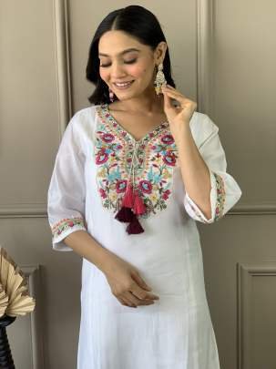 Designer White Kurti Pant Dupatta Set With Attractive Neck Work