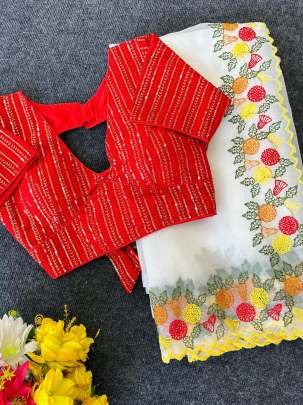 White Embroidery Pure Organza Saree With Stitch Blouse