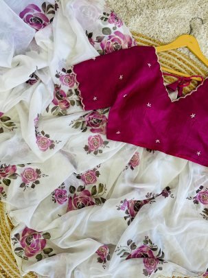 White Fancy Handwork Soft Dhahi Silk Organza Saree With Readymade Blouse