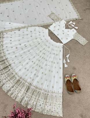 White Faux Georgette  Heavy Embroidery Sequence Work Lehenga Choli With Dupatta