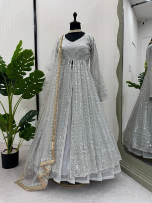 White Faux Georgette Indo Western Lehenga