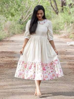 White Floral Printed Western One Piece Dress With Half Sleeve