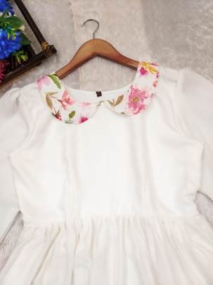White Floral Printed Western One Piece Dress With Half Sleeve