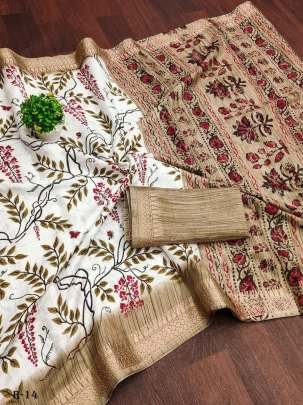 White Flower Printed Kashmir Cotton Saree