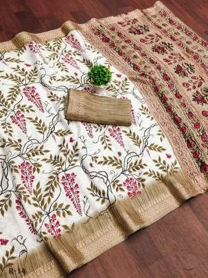 White Flower Printed Kashmir Cotton Saree