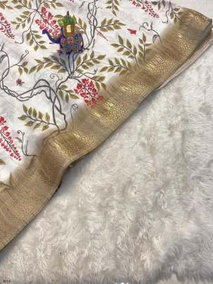 White Flower Printed Kashmir Cotton Saree