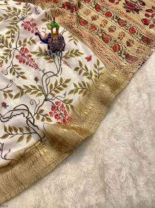 White Flower Printed Kashmir Cotton Saree