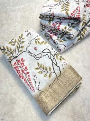 White Flower Printed Kashmir Cotton Saree