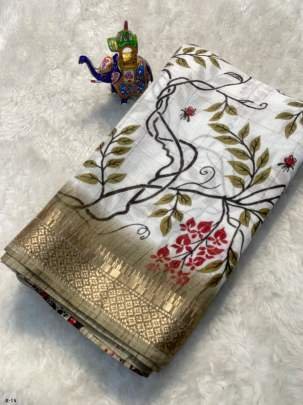 White Flower Printed Kashmir Cotton Saree