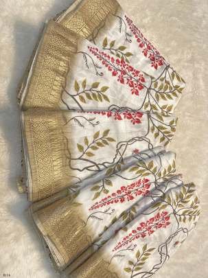 White Flower Printed Kashmir Cotton Saree