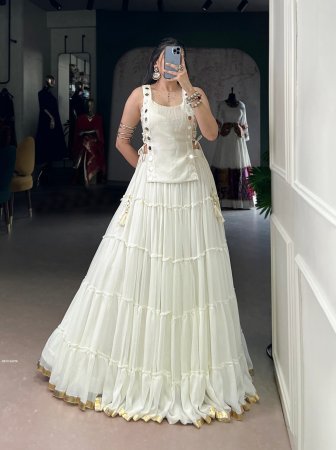 White Georgette Fully Flair Navratri Lehenga With Designer Blouse  