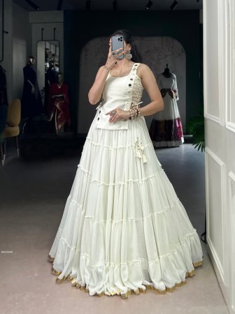 White Georgette Fully Flair Navratri Lehenga With Designer Blouse