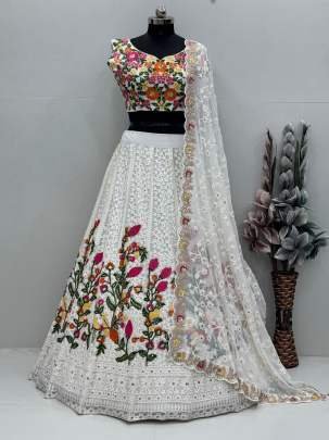 White Heavy Embroidery Georgette Sequence Work Lehenga Choli