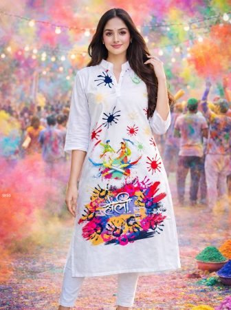 White Holi Special Printed Kurti for Women