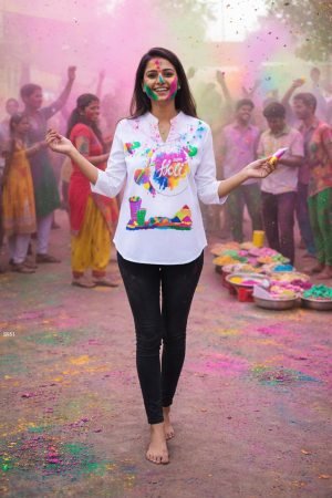 White Holi Special Printed Short Kurti for Women