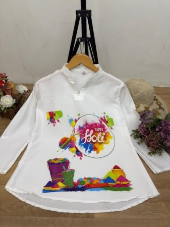 White Holi Special Printed Short Kurti for Women