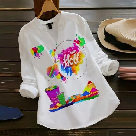 White Holi Special Printed Short Kurti for Women