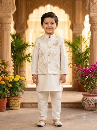 White Kurta Pajama Set With Jacquard Koti