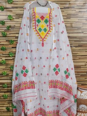 White Latest Dhakai Jamdani Two Piece Dress Material