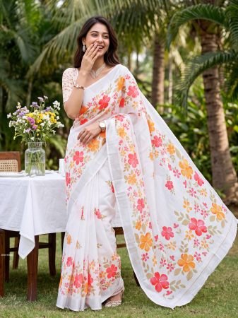 White Linen Cotton Saree With Floral Digital Print