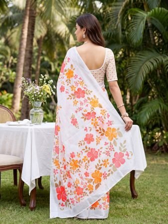 White Linen Cotton Saree With Floral Digital Print