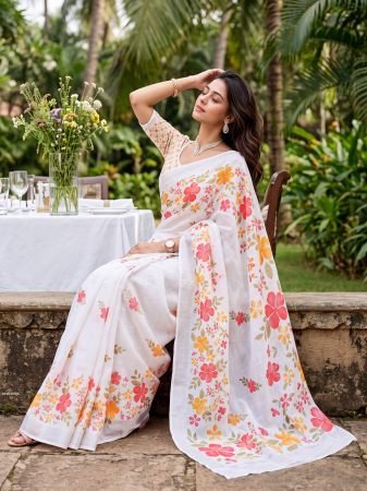 White Linen Cotton Saree With Floral Digital Print