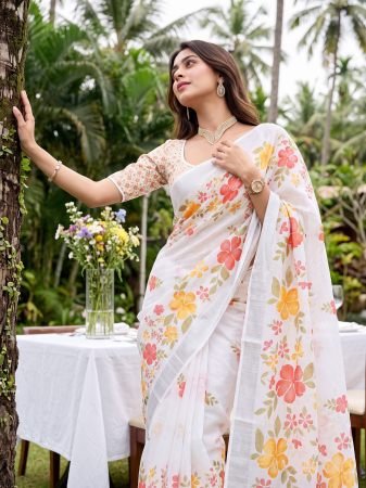 White Linen Cotton Saree With Floral Digital Print
