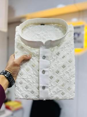White Multi Sequence Work Kurta With Pajama
