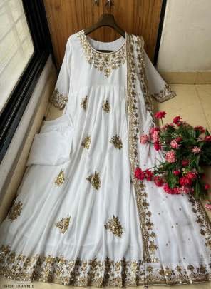 White Muslin Cotton Sequins Embroidery Work Gown Pant With Dupatta Set