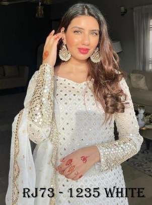 White Pakistani designer Georgette Sequins Work Kurti Palazzo Dupatta