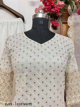 White Pakistani designer Georgette Sequins Work Kurti Palazzo Dupatta