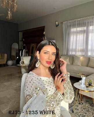 White Pakistani designer Georgette Sequins Work Kurti Palazzo Dupatta