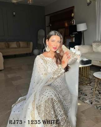 White Pakistani designer Georgette Sequins Work Kurti Palazzo Dupatta