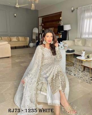 White Pakistani designer Georgette Sequins Work Kurti Palazzo Dupatta