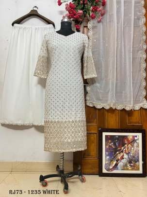 White Pakistani designer Georgette Sequins Work Kurti Palazzo Dupatta