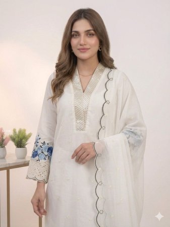 White Pakistani Style Kurta Set