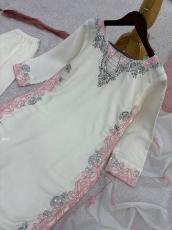 White Pakistani Suit Set With Pink Detailing