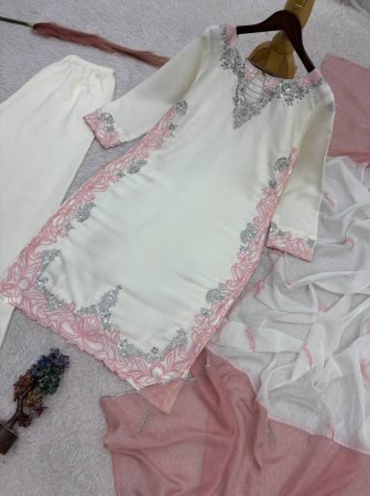 White Pakistani Suit Set With Pink Detailing