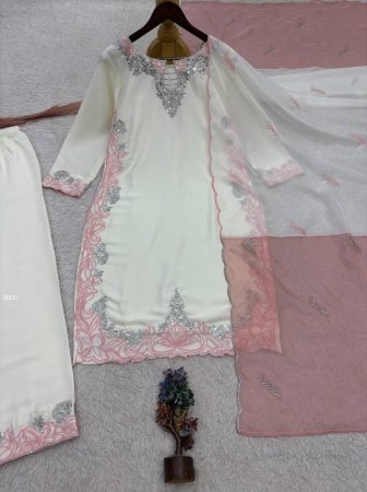 White Pakistani Suit Set With Pink Detailing