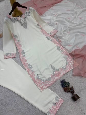 White Pakistani Suit Set With Pink Detailing