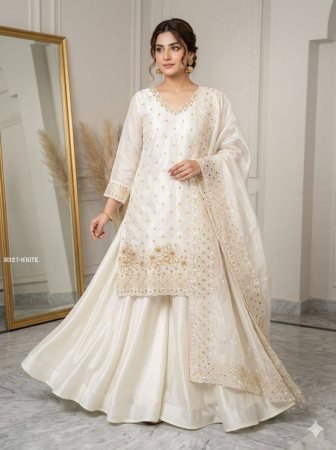 White Palazzo Suit Set With Golden Beads Work