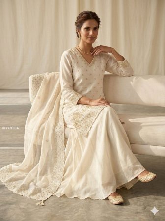 White Palazzo Suit Set With Golden Beads Work
