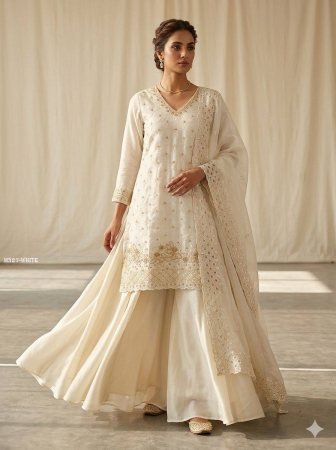White Palazzo Suit Set With Golden Beads Work