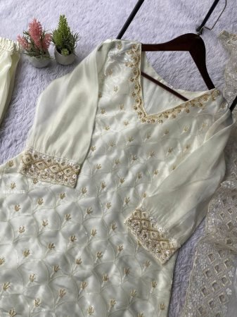 White Palazzo Suit Set With Golden Beads Work